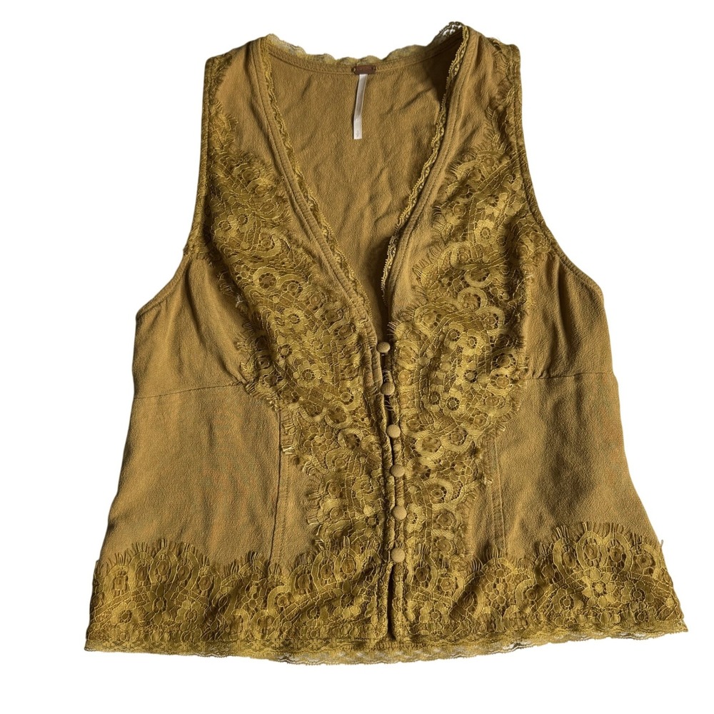 Free People Jaida Vest Top in Mustard Lace Trim Button Front Blouse Womens Small